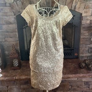 Roz & Ali Champagne Gold Sequin Cocktail Dress with Cap Sleeves